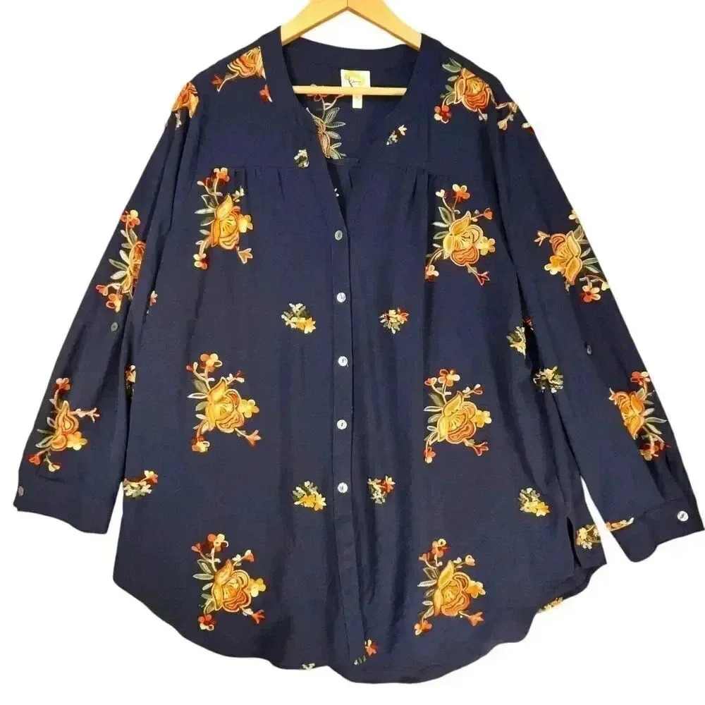 Fig & Flower Women's Navy Floral Embroidered Long‎ Sleeve Bohemian Blouse 2X